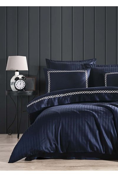 Dantela Nuance Embroidered Cotton Satin Double Duvet Cover Set-Navy Blue