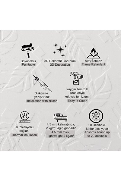 TİNK 3D Duvar Paneli Boyanabilir Dekota 60x120 cm / Yaprak Desenli 2'li paket-1,44 m²