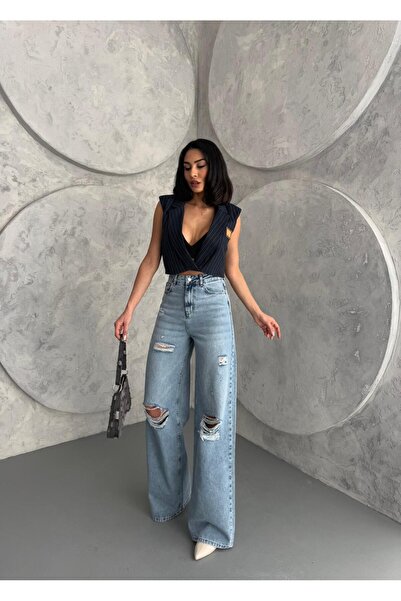 XBELLA DENİM Γυναικείο φαρδύ τζιν με ψηλόμεσο λέιζερ