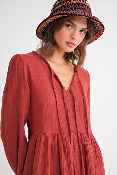 Mixray 4739 Γυναικείο πλακάκι με δέσιμο μουσελίνας Midi φόρεμα