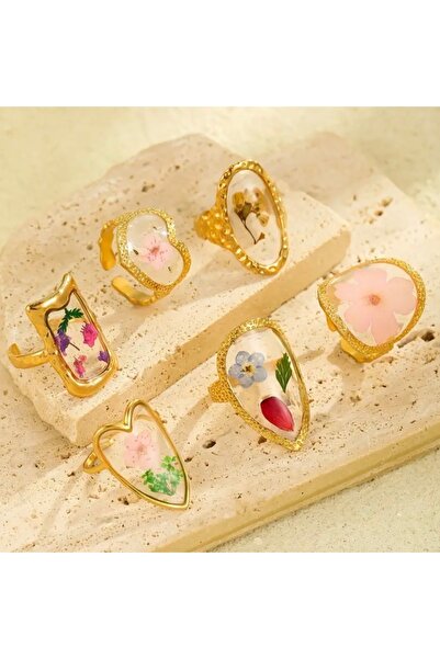 FloresDeCarnaval Oval Formlu Sarı Çiçek Detaylı Çelik Yüzük(Kararma Yapmaz)