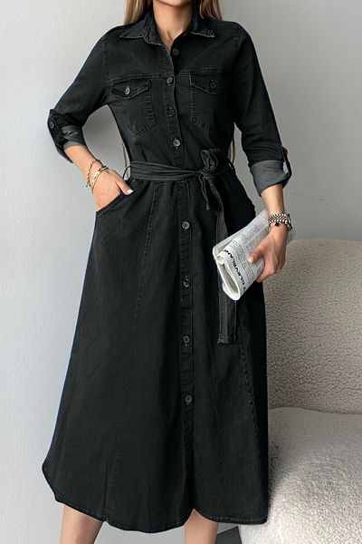 Jacarsman Women's Midi Length Pocketed Belted Buttoned Denim Shirt Dress – Denim Dress