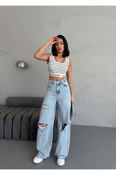 XBELLA DENİM Women's Baggy Fit Laser High Waist Wide Leg Jeans