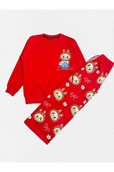 Fil Kids Girl's Cotton Fabric Red Color 2 Thread Labubu Flower Pattern Winter Tracksuit Set