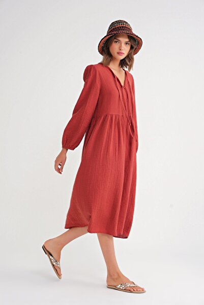 Mixray 4739 Γυναικείο πλακάκι με δέσιμο μουσελίνας Midi φόρεμα