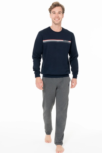 U.S. Polo Assn. Erkek Pijama Takımı, Pamuklu, Bisiklet Yaka, Uzun Kollu, Cepli, Lacivert
