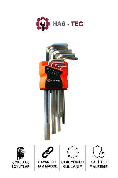 HAS-TEC 9 Piece Flat Allen Key Set |   Bright Nickel Plated, Professional Six Corner Keys, Allen Set