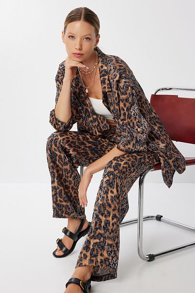 Lovelyİstanbul Patterned Woven Shirt Trousers Set Lkt0021 Black Camel