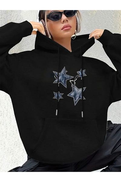 FUFLUNS Star Printed Oversize Unisex Hooded Sweatshirt
