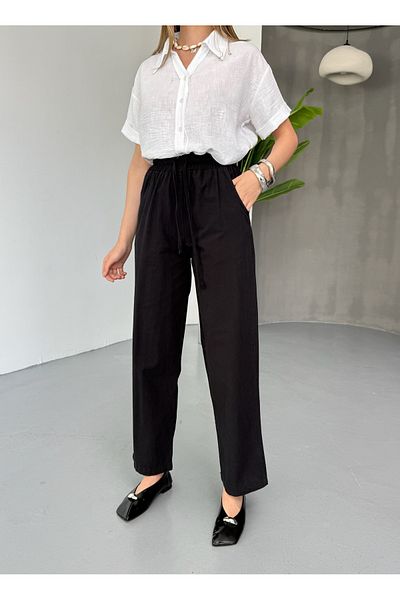 COMBİNE MİCHAİL Women's Elastic Linen Look Black Trousers