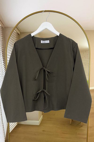 Fumel Khaki Short Kimono with Front Bag