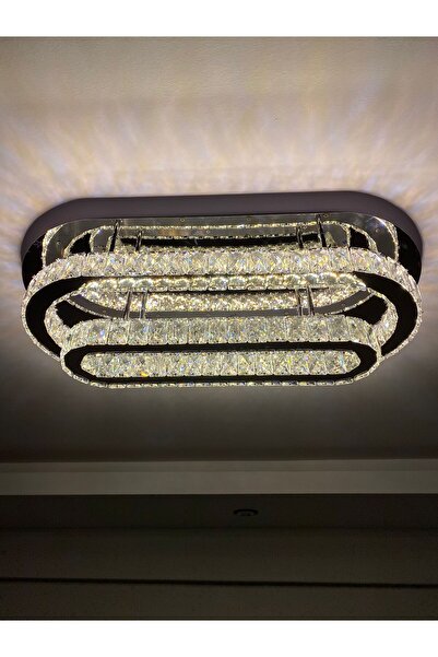 Retro KRİSTAL TAŞLI AYNALI 2 KATLI TAVANA MONTE 3 RENK YANAN LED'Lİ YANAN AVİZE