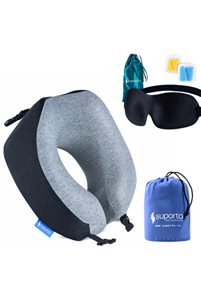 Suporto Set perne de călătorie. Pernă de călătorie din spumă cu memorie neagr...