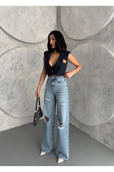 XBELLA DENİM Women's Baggy Fit Laser High Waist Wide Leg Jeans