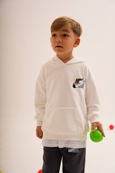Karan Kids Boy's White Smoked Hooded Bottom Top Set