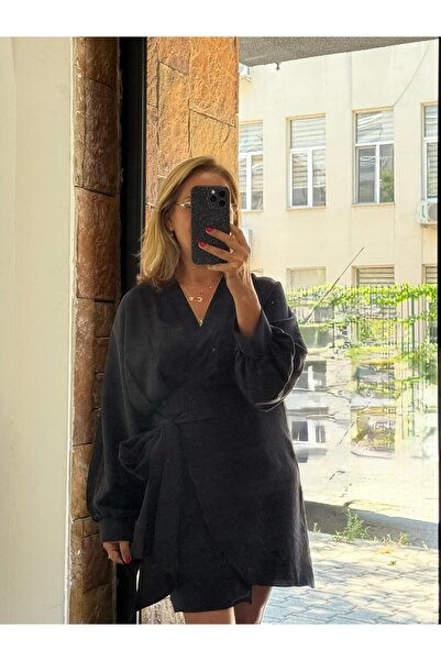 AlyaTeks Anvelop Kuşaklı Dökümlü Mini Elbise Siyah