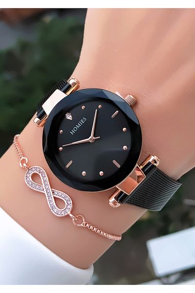 Homies Original Guaranteed Waterproof Women Wristwatch Black Color Steel Cord Bracelet with Gift Hms28C2