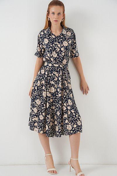 Merterium Women's Short Sleeve Patterned Dress Navy Blue 1181
