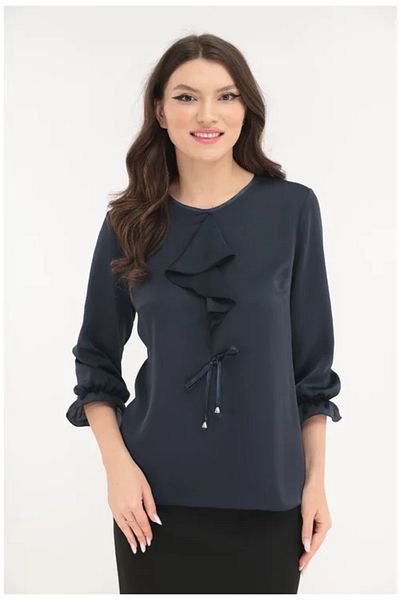 Vanessa Line RO Elegant navy blue chiffon blouse with jabot and decorative bow