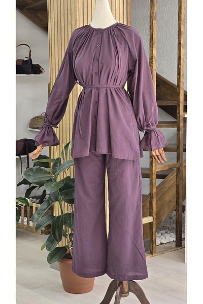 NANTİREA Plum Hijab Sleeves Ruffle Waist Belted Pants Suit