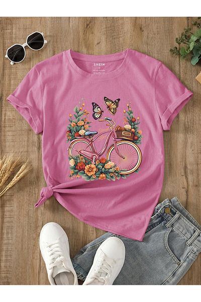 PENTHİLUS - Summer Oversized Rose and Bicycle Printed Short Sleeve Round Neck T-Shirt