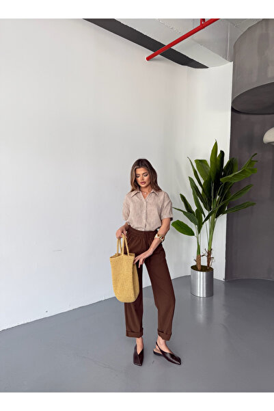 COMBİNE MİCHAİL Γυναικείο ελαστικό λινό παντελόνι καφέ