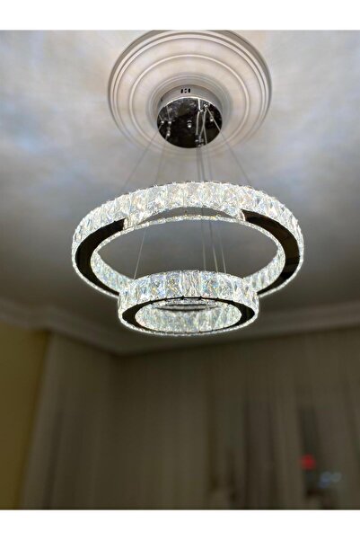 Retro KRİSTAL TAŞLI 2 KATLI 3 RENK YANAN LED'Lİ AVİZE