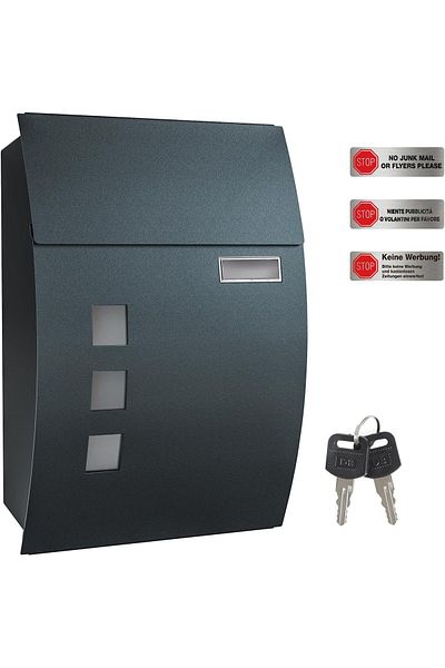 SONGMICS Wall-mounted mailbox 32x10x45 cm with 3 windows and rain cover, steel, anthracite grey