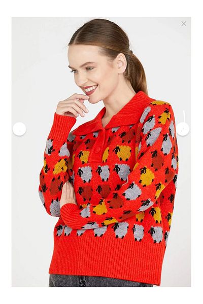 Namaste Vintage Red Color Sheep Pattern Polo Neck Knitwear Sweater