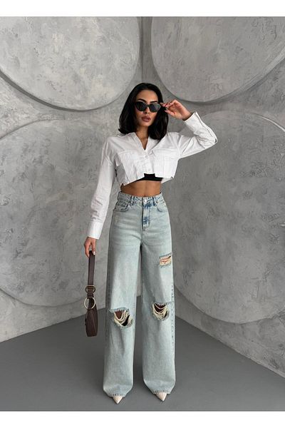 XBELLA DENİM Women's Baggy Fit Laser High Waist Wide Leg Jeans