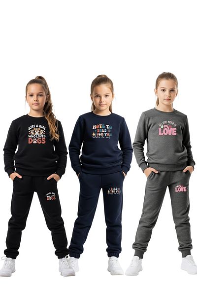 FYK KİDS Plain Round Neck 3-Piece Printed Girls Tracksuit Set