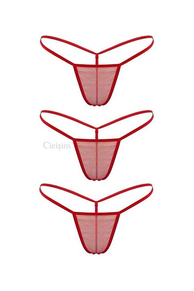 Cicişim Red 3-Piece See-Through Plus Size Option Thong String Inner Wear