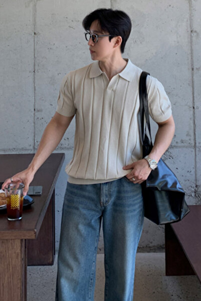 Tarz Cool Men's Beige Striped Short Sleeve Knitwear T-Shirt