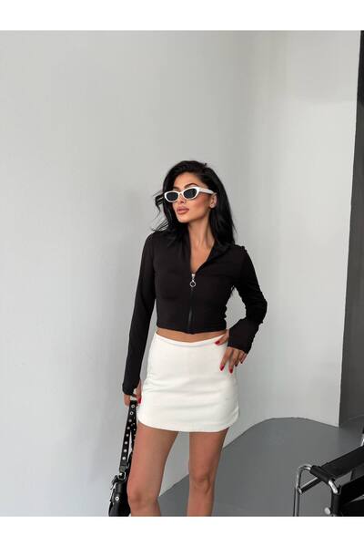 LE CARAMBOLE Women's Black Zippered Diving Fabric Finger Slip Cardigan