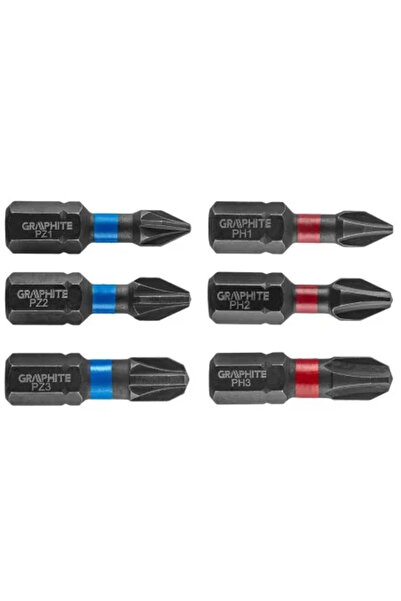 graphite Sada rázových bitov, 6 kusov, PH 1, PH 2, PH 3, PZ 1, PZ 2, PZ 3, 25 mm