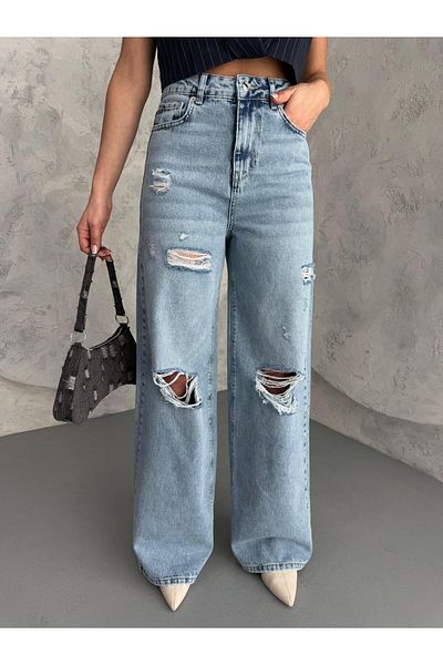 XBELLA DENİM Women's Baggy Fit Laser High Waist Wide Leg Jeans