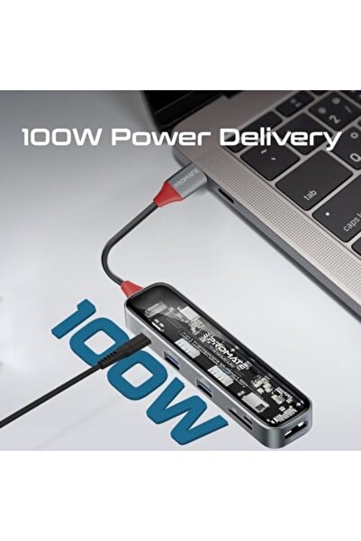 Promate TransHub-Lite USB-C Hub, 7-in-1 Multi-Display with 4K HDMI, 2TB SD/TF Card Slot, Dual 5Gbps