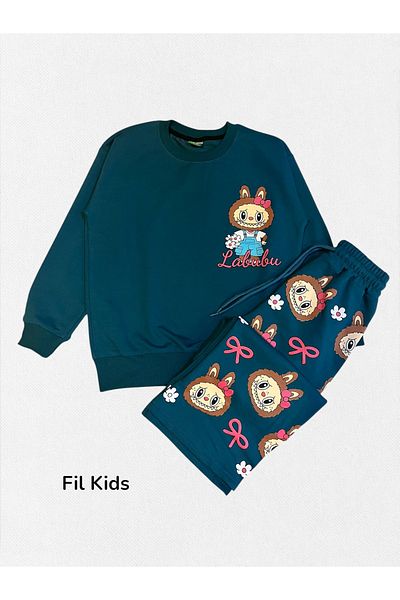 Fil Kids Girls' Cotton Fabric Petrol Green Color 2 Thread Labubu Flower Pattern Winter Tracksuit Set