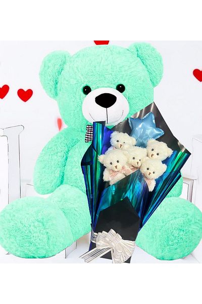 Sole Premium 90 cm Plush Bear and Star Balloon, White Plush Teddy Bear Bouquet in Hologram Presentation
