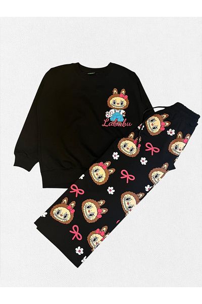 Fil Kids Girl's Cotton Fabric Black Color 2 Thread Labubu Flower Patterned Winter Tracksuit Set