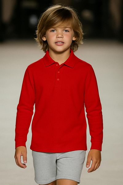 FERRY BUTİK Unisex Children's Solid Color Basic Polo Neck Long Sleeve School T-Shirt