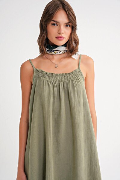 Mixray 4740 Kadın Askılı Müslin Midi Elbise Çağla