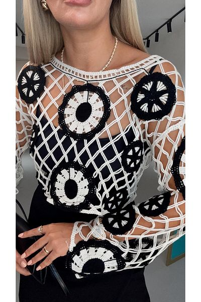 Sezgi Tekin Cream Black Motif Detail Openwork Knitwear