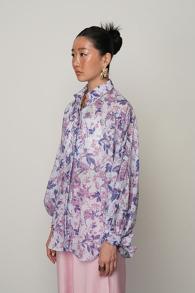 Orfeo Negro Women's Oversize Shirt with Tie Blue Color Flower Pattern