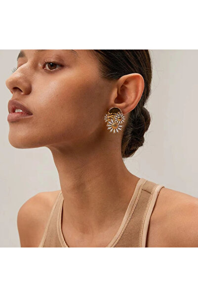 Eva Grace Cercei Fannia, aurii, model floral cu margarete, din oțel inoxidabil placat cu aur 18K - Colecția