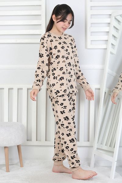 ZUZUNGA Beige Colored Black Floral and Little Heart Girl's Pajama Set