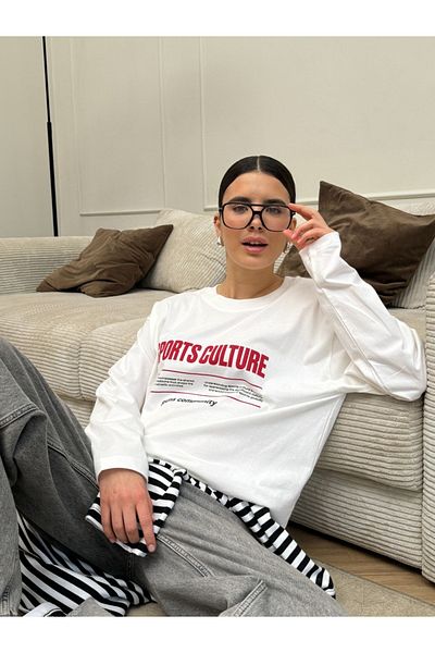 sole stories Lily Women's 100% Cotton Crew Neck Oversize Fit Long Sleeve White Printed T-Shirt