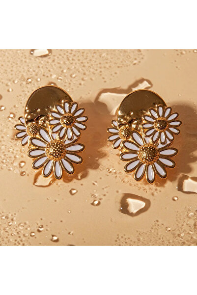 Eva Grace Cercei Fannia, aurii, model floral cu margarete, din oțel inoxidabil placat cu aur 18K - Colecția