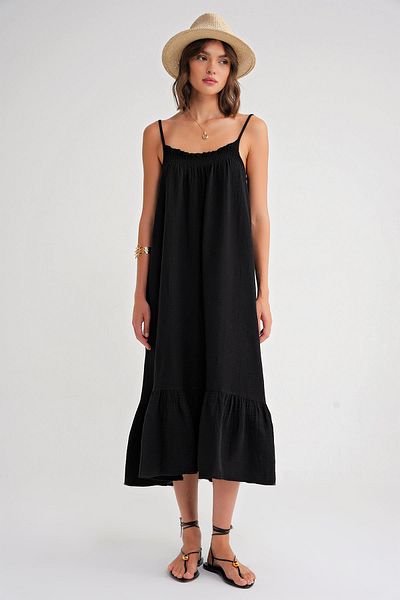 Mixray 4740 Women's Strap Muslin Midi Dress Black