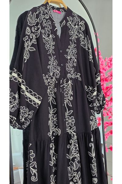 PREMİER VİE Tested Summer Black Color Viscosse Dress V-Neck